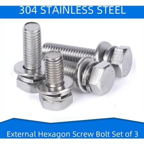 304 Stainless Steel External Hex Screw Bolt with Washers Set of 3 Cuntersink Hexagon Fastener M4 M5 M6 M8 M10