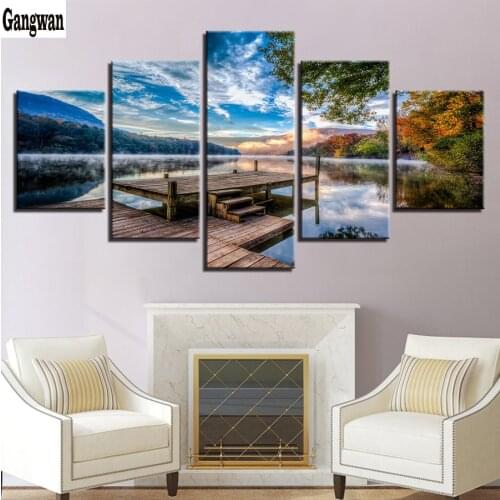 Forest Bridge Stand Lake Early Morning Scenery Diamond painting Cross Stitch 5 pcs diamond embroidery natural view mosaic decor