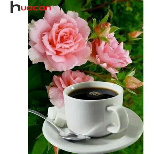 Huacan 5d Diamond Painting Full Drill Coffee Flower Decoration For Home Mosaic Embroidery Cup Rose Diamond Art