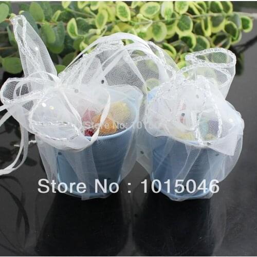 Free Shipping 10 X Blue Tinplate Pails Mini Candy Bucket Wedding Party Supply Candy Box With Tulle