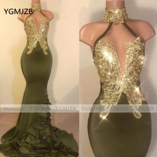 Sparkly Sequin Lace Long Evening Dresses 2020 Mermaid Halter Ruffles Evening Gown Women Formal Prom Gown Party Dress