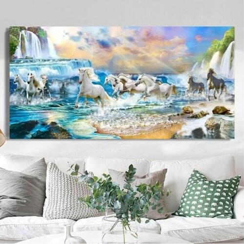Large Diamond Embroidery Waterfall Horse Landscape 5D Diy Full Diamond Painting Rhinestone Mosaic Wall StickersZP-4357