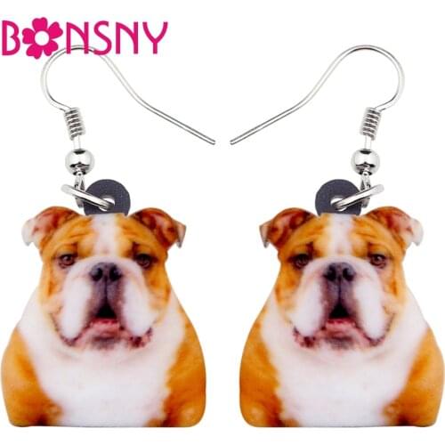 Bonsny Acrylic Novelty British Bulldog Dog Earrings Big Long Dangle Drop Fashion Animal Jewelry For Women Girls Ladies Kids Gift