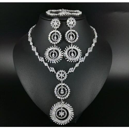 Hot sale new fashion Luxury crystal round zircon white necklace earring wedding bride banquet dinner jewelry set free shipping