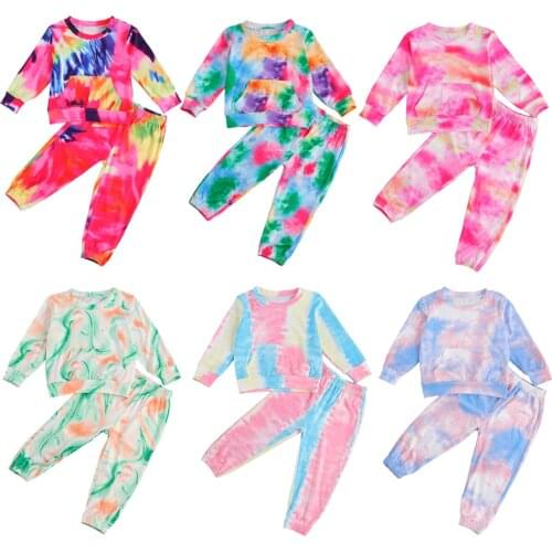 Tie-dye Children Wear Set Toddler Baby Girls Long Sleeve T-shirt with Large Pocket+ Elastic Waist Trousers for Spring Fall