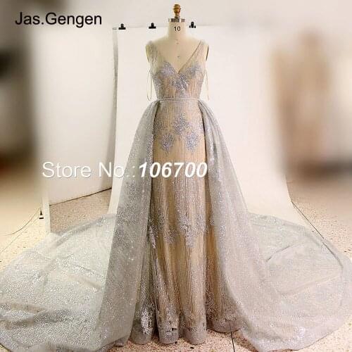 Two Pieces Detachable Train Prom Dresses with Sashes belt Big Bottom V neck Evening Gowns New Glitter Fabric robe de soiree 942