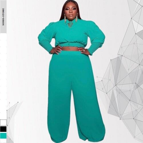 Two Piece Sets Plus Size Womens Clothing Casual Round Collar Lace-up Crop Top Solid Color Pants Suits Wholesale Dropshipping
