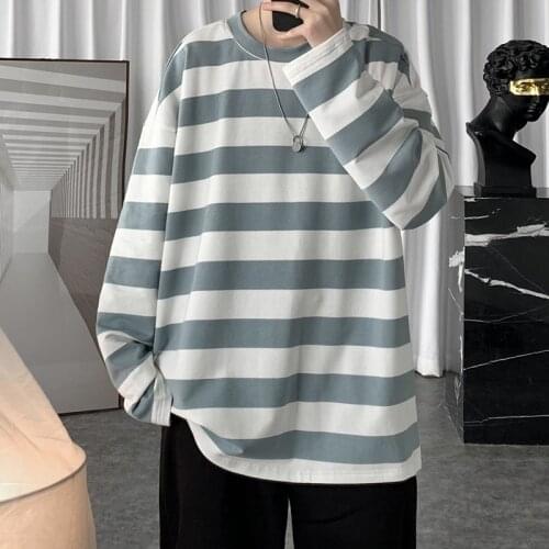 Korean Fashion Oversized Mens T Shirt Casual O-Neck Harajuku Cotton Striped Tops Tees S-3XL