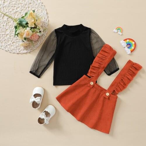 Infant Baby Girls 2pcs Fadhion Clothes Suit Sheer Long Lade Sleeves Pullover Top + Ruffled Suspenders Skirt Autumn Outwear Set
