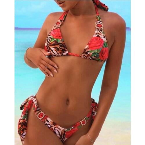 Sunshliky Summer Leopard Print Bikinis Women Sexy Padded Two Pieces Swimwear Bikini Metal Halter Beach Swimsuit Bathing Bikini