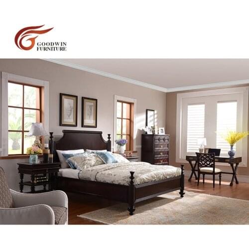 Bed room furniture set with mahogany wood study desk and chair and bedside table chest of drawers WA394