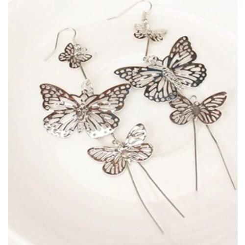 New Gold Silver Alloy Multi-layered Hollow Butterfly Earrings Long Tassel Earrings
