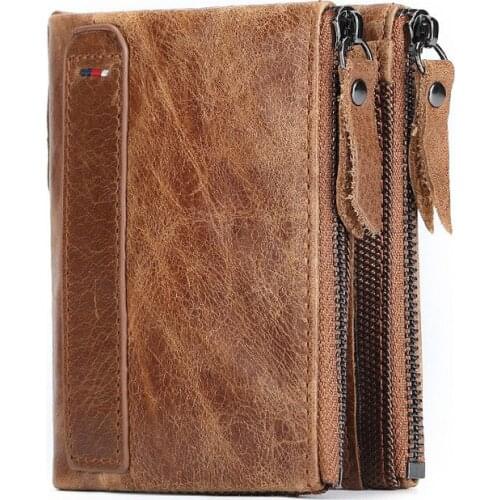 New RFID anti-theft brush leather short style leisure fashion retro mens wallet double zipper wallet
