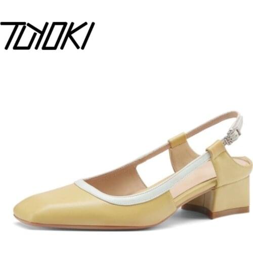 Tuyoki Real Leather Women Sandals Buckle Strap High Heel Summer Shoes Woman Square Toe Office Lady Daily Footwear Size 34-39