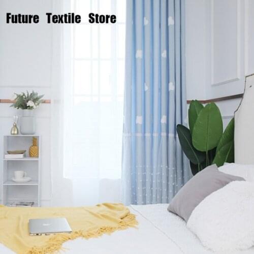 Blue Korean Fresh Childrens Room Curtains Girls Bedroom Shading Cloth Gauze Bay Window Curtains for Living Dining Room Bedroom