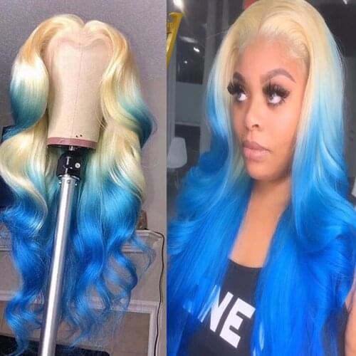 Body Wave Ombre Blue 613 Blonde 13X4 transparent Lace Front Human Hair Wigs Pre Plucked Wig Frontal Glueless