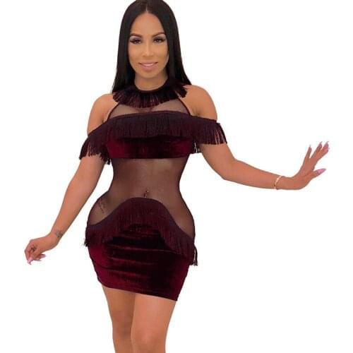 2019 Sexy Mesh See Through Velvet Bodycon Dress Women O-neck Off Shoulder Tassel Elegant Night Club Mini Party Dresses Vestidos