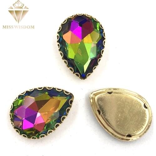 10X14/13x18mm Rainbow water drop strass gold bottom lacy shape claws glass crystal sew on rhinestones Diy clothing accessories
