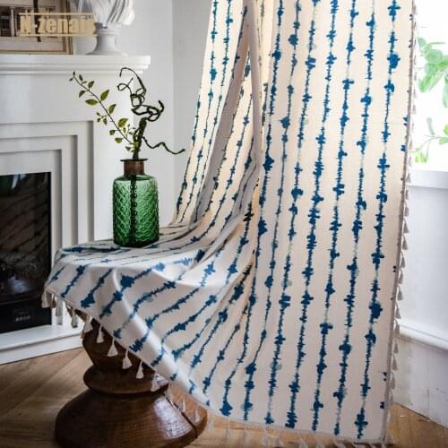 Blue Striped Geometric Printing Blackout Curtain for Livingroom and Bedroom Left and Right Biparting Open High Shading(70%-90%)