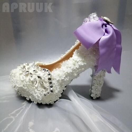 High-heeled shoes women luxury lace pearls crystal silver rhinestones bridal wedding pumps shoes bride with violet bowknot