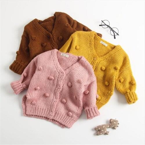 Spring Baby Girls sweater Hand Coat Hair Ball Long Sweater Cardigan For Girl Sweaters Kids Knitted Baby cloth