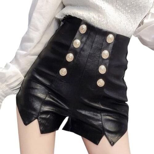 Spring autumn fashion double breasted pu shorts women high waist short