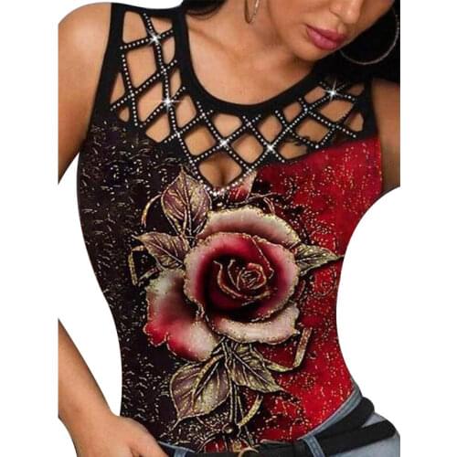 Womens Fashion Summer Floral Printed Multicolor Rose Sleeveless Tank Tops Plus Size Hollow Out Ladies Casual Vest Shirts