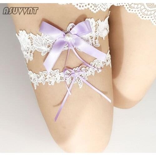 Fashion Women Purple Bow Flowers White Lace Sexy Thigh Ring Leg Garter Pearl Wedding Accessories For Women Bride Party Dress Up