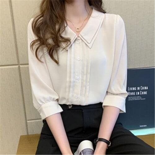 Women Blouse Shirts Tops Female School Uniform Girls Shirt 2021 Summer Korean Half Sleeve Peter Pan Collar Button Chiffon shirts