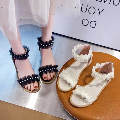 2021 Summer New Fashion Sweet Pearl Flat Comfortable Zipper Ladies Sandals Simple Solid Color Large Size 35-40