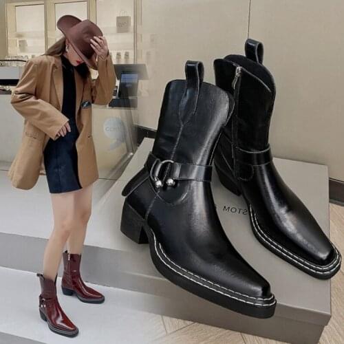 2021 Winter Women Square Toe Fashion Women Shoes Modern Women Boots Ankle Boots Genuine Leather Western Boots plus size boots