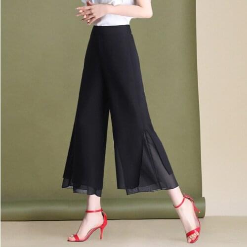Women Plus Size Pants High Waist Casual Wide Leg Trousers Korean Style Fashion Chiffon Embroidered Spodnie Pantalones De Mujer