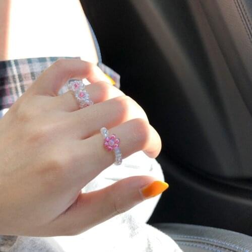 New Korean Trendy Cute Colorful White Hand Made Crystal Transparent Flower Rings for Women Party Hot Summer Jewelry Gifts