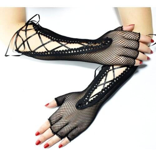 Women Sexy Black Long Fishing Net Mesh Half Finger Lacing Gloves Retro Party Prom Dress Decoration Metal Punk Style Pole Dance