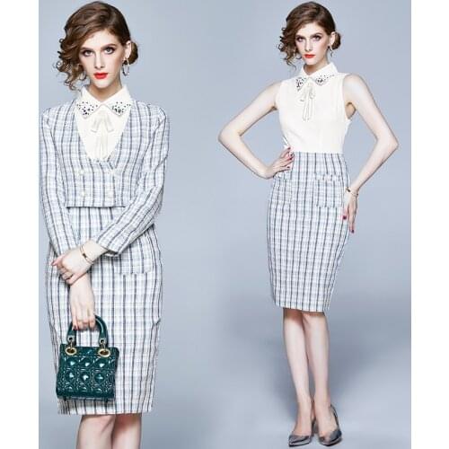 2021 Autumn Winter Women Two Piece Set Short V-neck Tweed Tops and Beading Patchwork sleeveless tweed Pencil Dress set