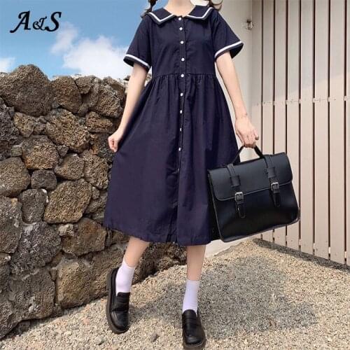 Anbenser Harajuku Japanese Lolita Sweet Dress Sailor Collar Vintage Bow Kawaii Girls Retro Cotton Kawaii Preppy Style Dress