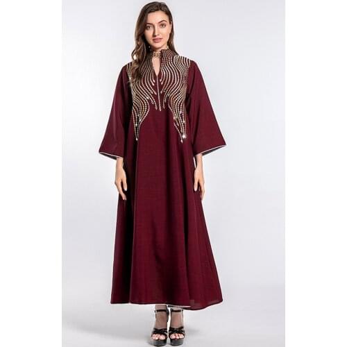 Sequins Hijab Dress Women Muslim Fashion Embroidery Stand Collar Ethnic Arabic Dubai Abaya Gown Loose Caftan Jalabiya Party Eid