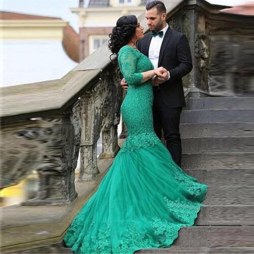 3/4 Sleeve Mermaid Prom Dresses Lace Appliques Evening Dress 2021 Pageant Formal Party vestido de festa V Neck robe de soiree