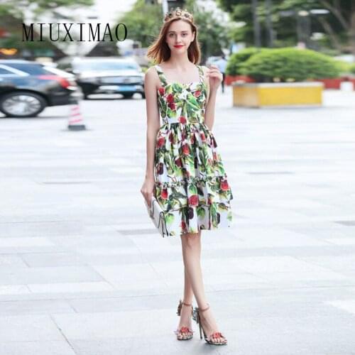 MIUXIMAO 2020 Newest Spring & Summer Fashion Square Collar Spaghetti Strap Sleeveless A-Line Print Slim Above Knee Dress Women