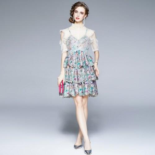 2021 Summer Mesh Splicing Printing Dress Woman Stand Collar Hollow-Out Embroidered Cake Dress