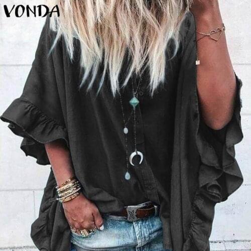 VONDA Women Tops Casual Lapel Neck Buttons Half Sleeve Ruffle Blouse Sexy Tunic Office Ladies Shirts Blusas S
