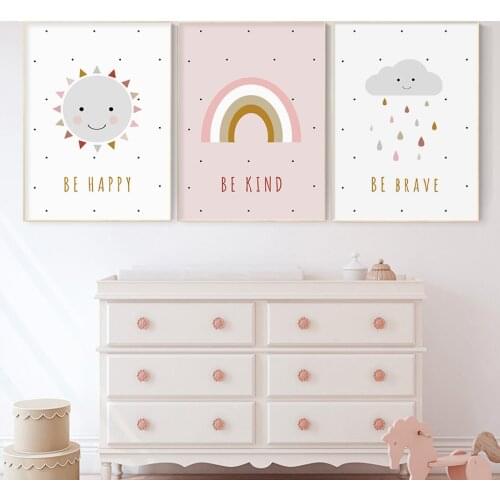 Be Happy Sunshine Rainbow Cloud Canvas Paintings Posters Nursery Wall Art Poster Prints Pictures for Kids Room Home Decoration