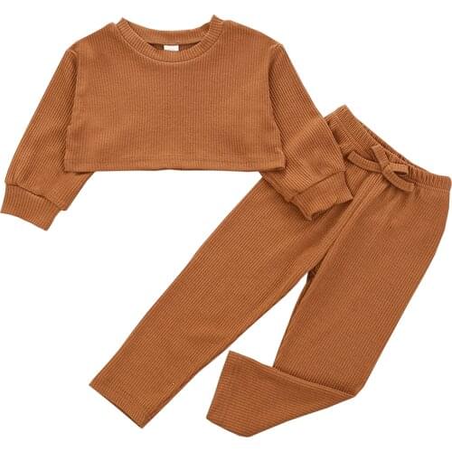 Children Baby Girls Boys Solid Color Clothes Set, Girls Long Sleeve O-neck Cropped Tops + Elastic Waist Trousers 3-8T