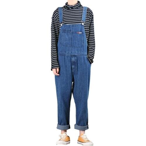 Jeans Men Japanese Retro Striped jeans Mens Straight Loose Overalls Suspenders Korean version of the overalls