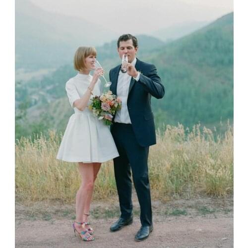 Elegant Short Satin Wedding Dresses with Pockets Knee Length Pleated Vestidos de novia Abendkleider Bridal Gowns for Women