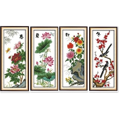 Spring and summer autumn and winter beauty hand-stitched suite peony lotus chrysanthemum plum seasons flowers bloom painting