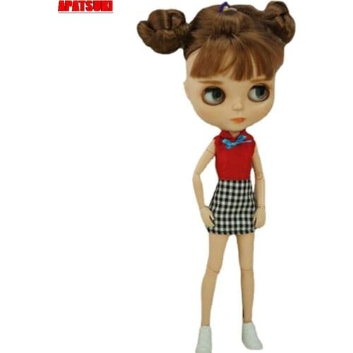Red Top Vest Chinese Shirt Plaid Skirt Fashion Doll Clothes For Blythe Doll Outfits For Blyth Dolls 1/6 Doll AccessoriesToys