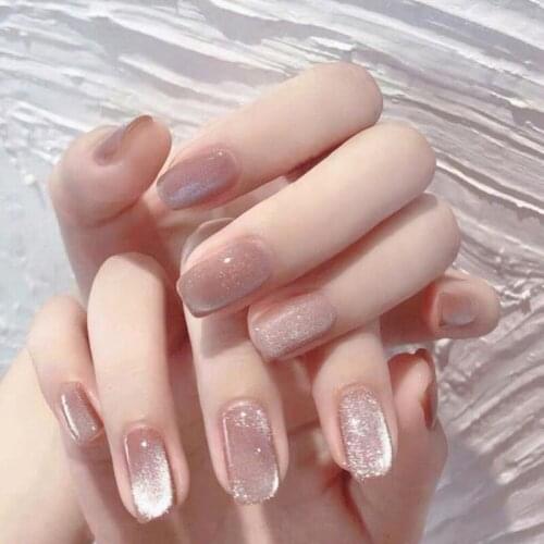 24pcs/box Crystal Stone Cats Eye Fake Nail Tips DIY Full Coverage Wearable For Nail Salon Self-adhesive Fake Patch