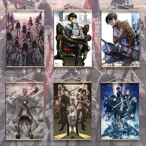Wall Art Solid Wood Hanging Scroll Attack on Titan Canvas Painting HD Printed Levi Mikasa Eren Home Decor Bedroom Anime Poster