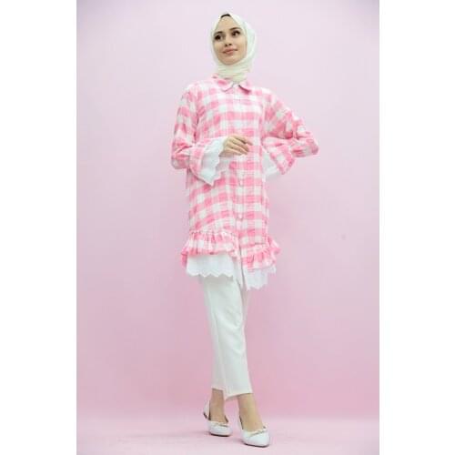 New Season Trend Muslim Big Plaid Pattern Shirt Pink